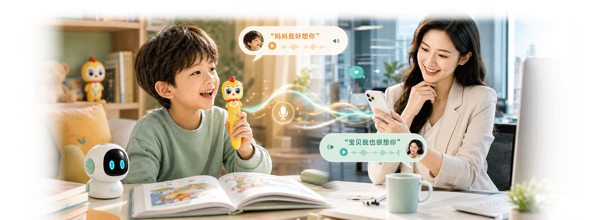 贝易学Ai语聊笔产品与儿童学习资源组成的未来感品牌视觉
